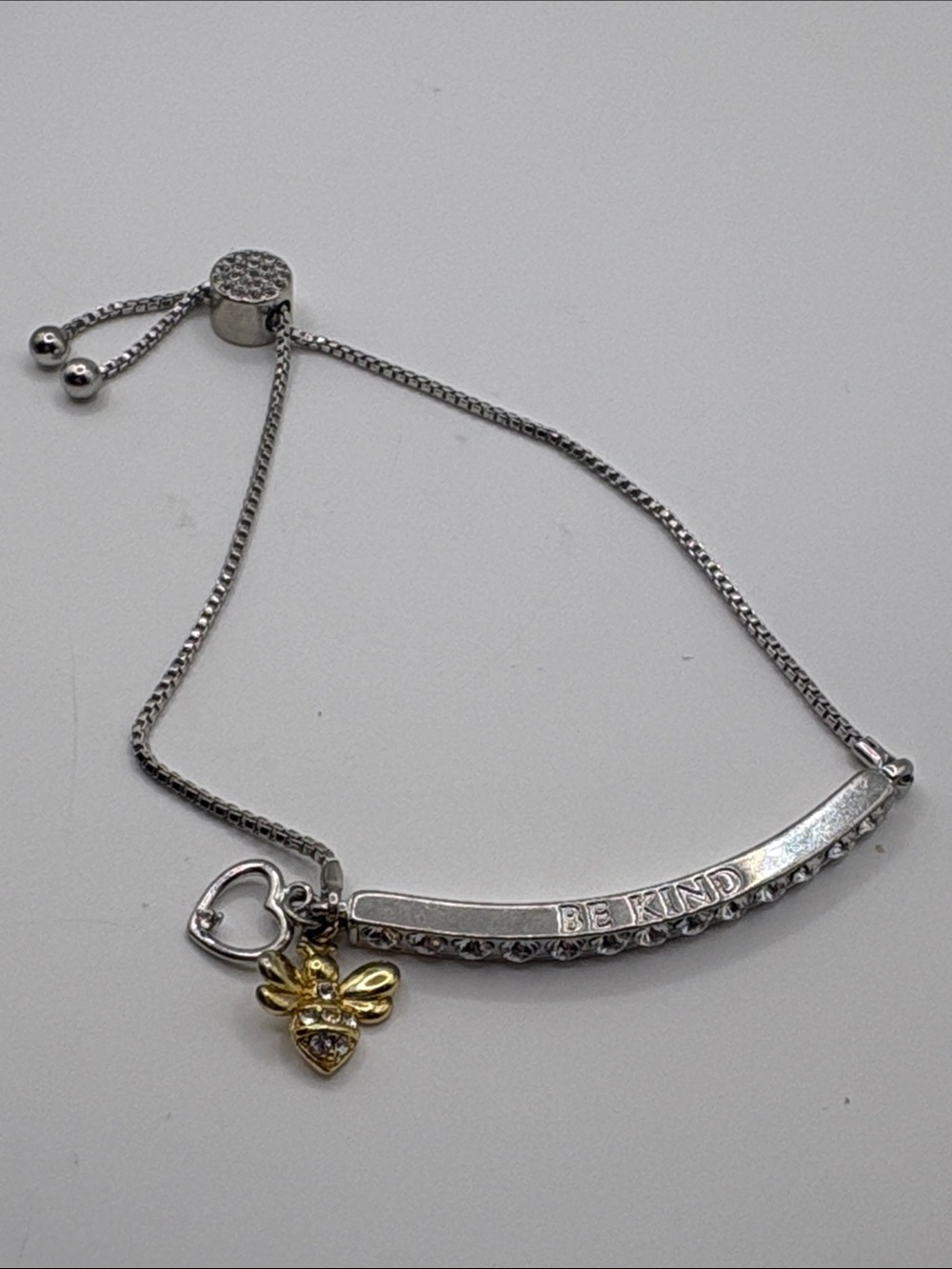 Silver-Tone 'Be Kind' Engraved Bracelet with Gold Bee Charm